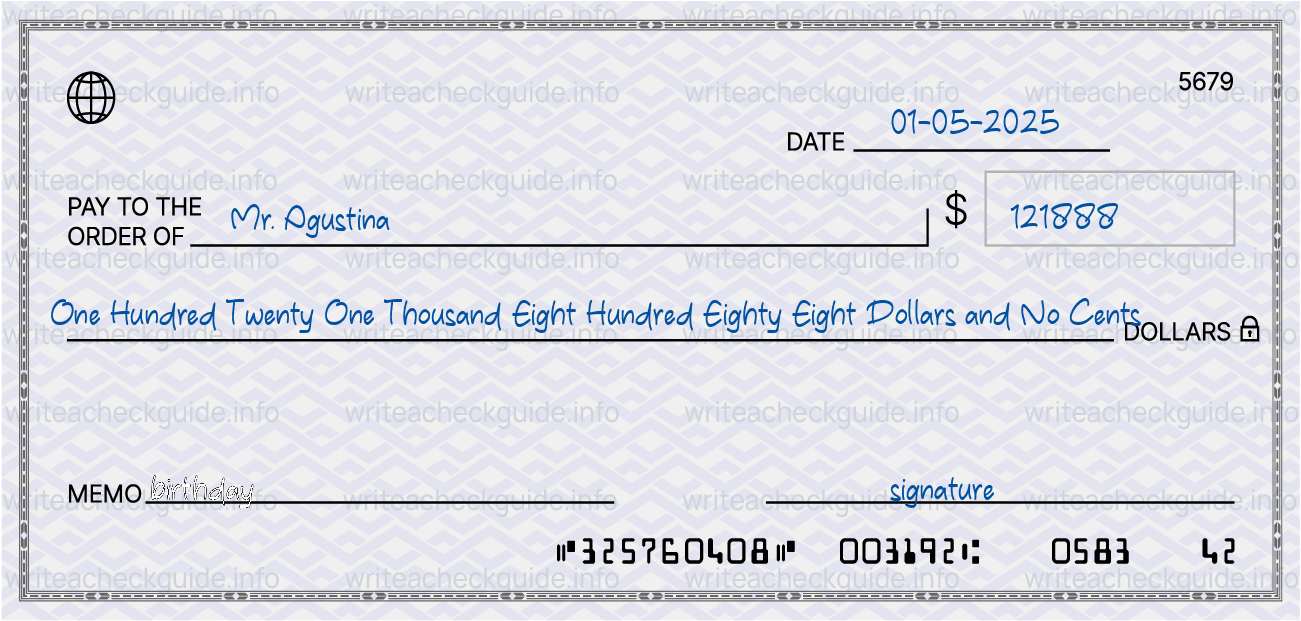 Filled check for 121888 dollars payable to Mr. Agustina on 01-05-2025