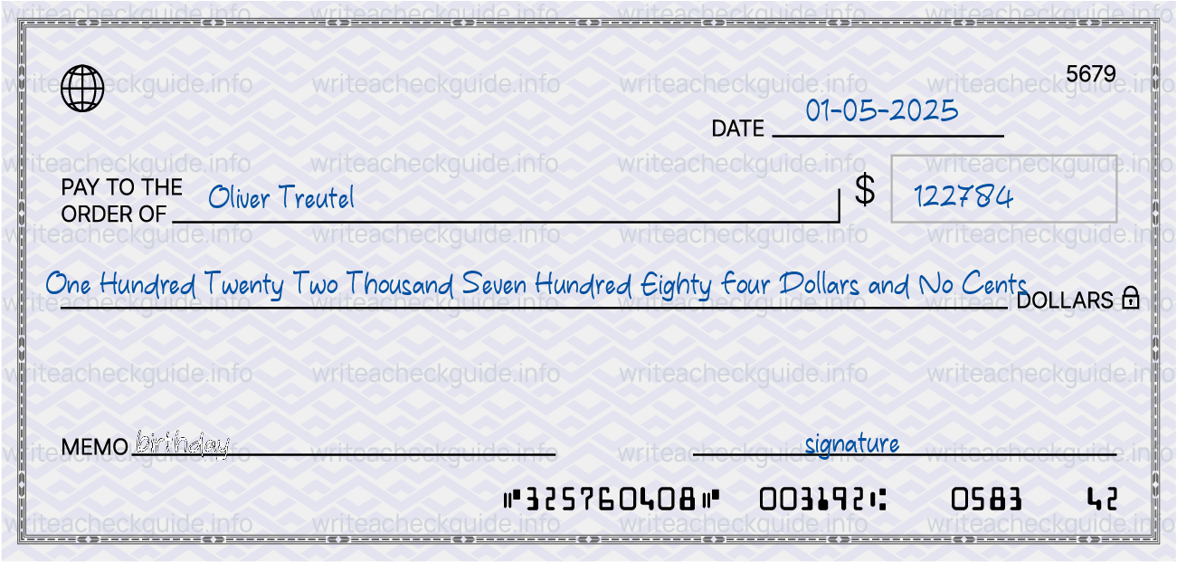 Filled check for 122784 dollars payable to Oliver Treutel on 01-05-2025