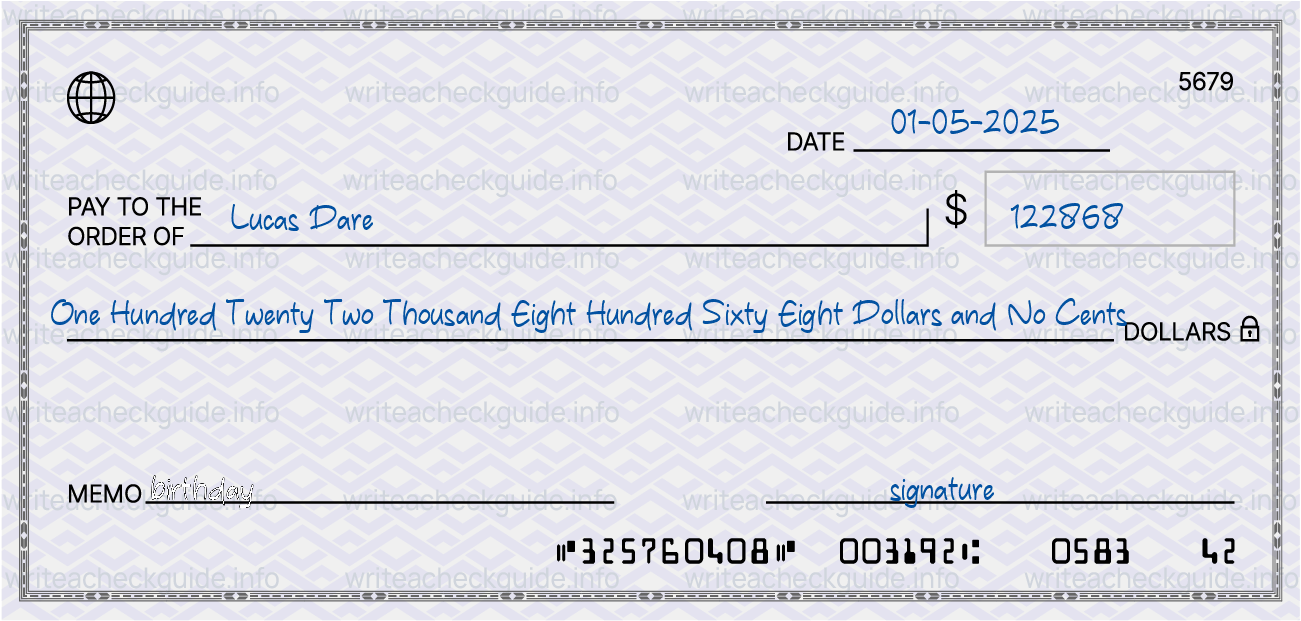 Filled check for 122868 dollars payable to Lucas Dare on 01-05-2025