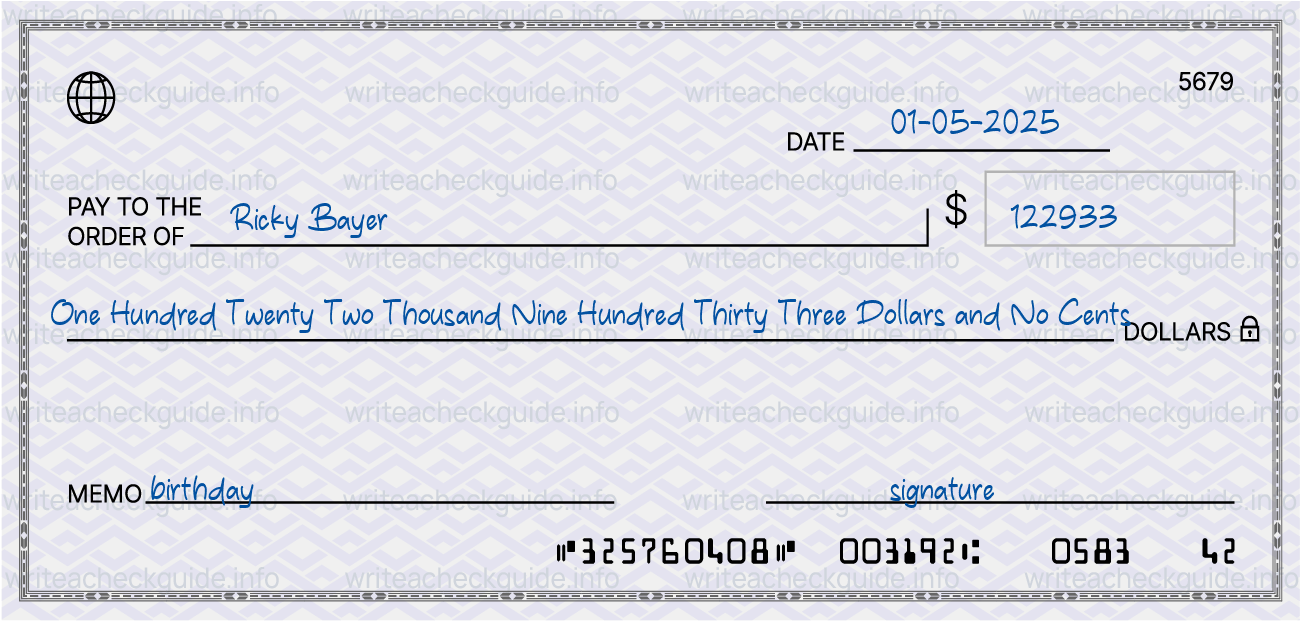 Filled check for 122933 dollars payable to Ricky Bayer on 01-05-2025