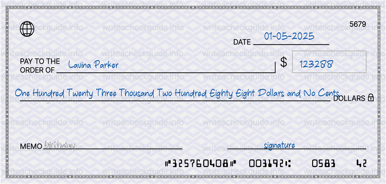 Filled check for 123288 dollars payable to Lavina Parker on 01-05-2025