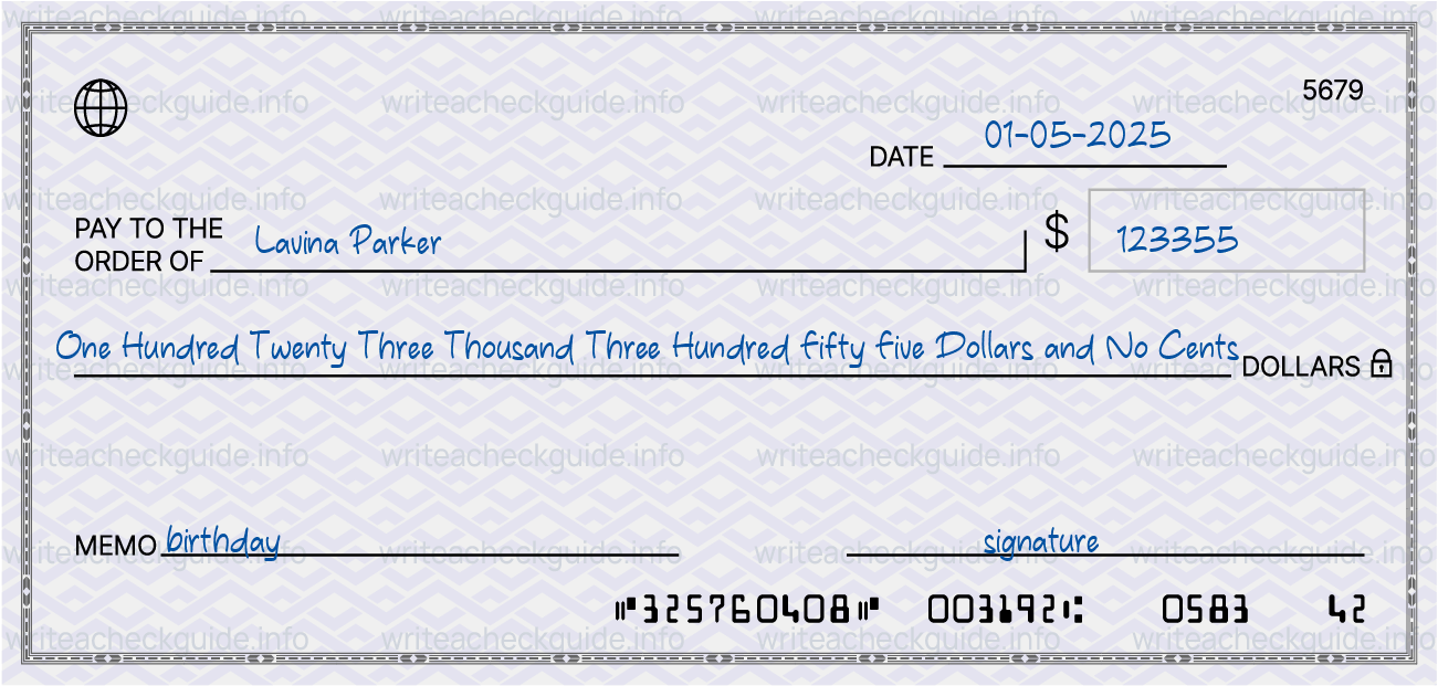 Filled check for 123355 dollars payable to Lavina Parker on 01-05-2025