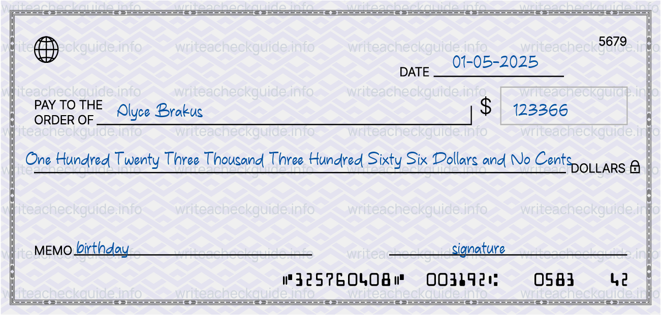 Filled check for 123366 dollars payable to Alyce Brakus on 01-05-2025