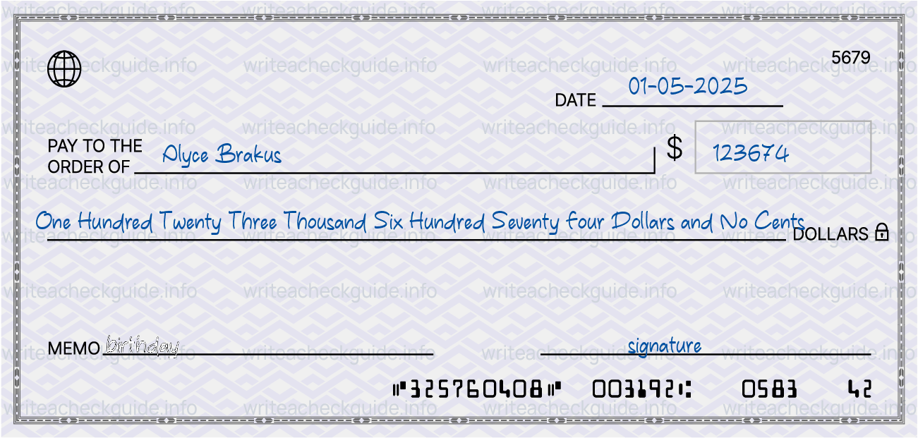 Filled check for 123674 dollars payable to Alyce Brakus on 01-05-2025