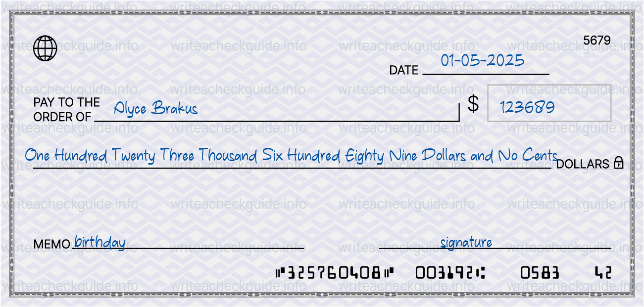 Filled check for 123689 dollars payable to Alyce Brakus on 01-05-2025