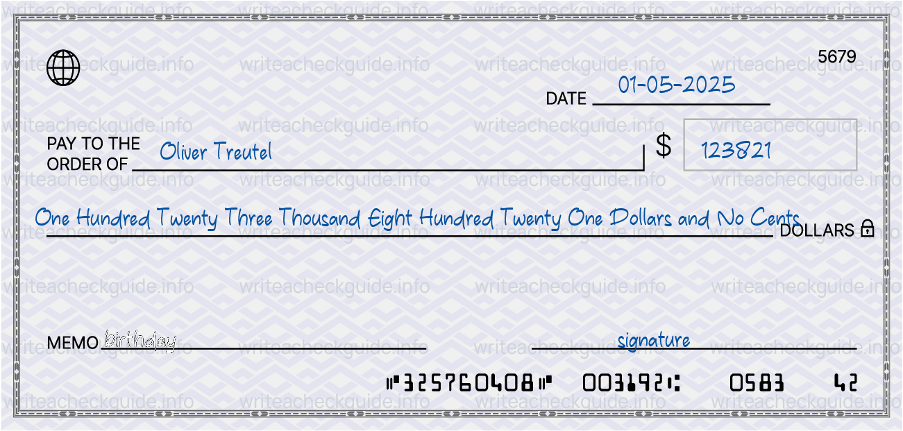 Filled check for 123821 dollars payable to Oliver Treutel on 01-05-2025