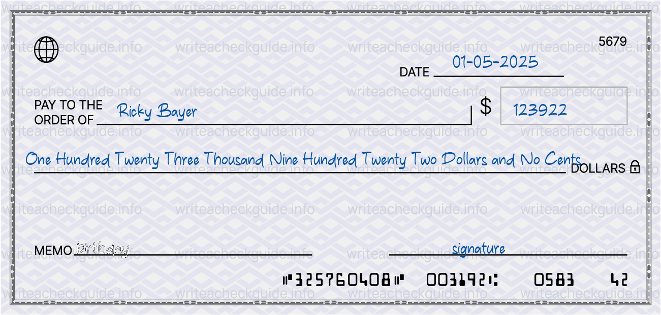 Filled check for 123922 dollars payable to Ricky Bayer on 01-05-2025