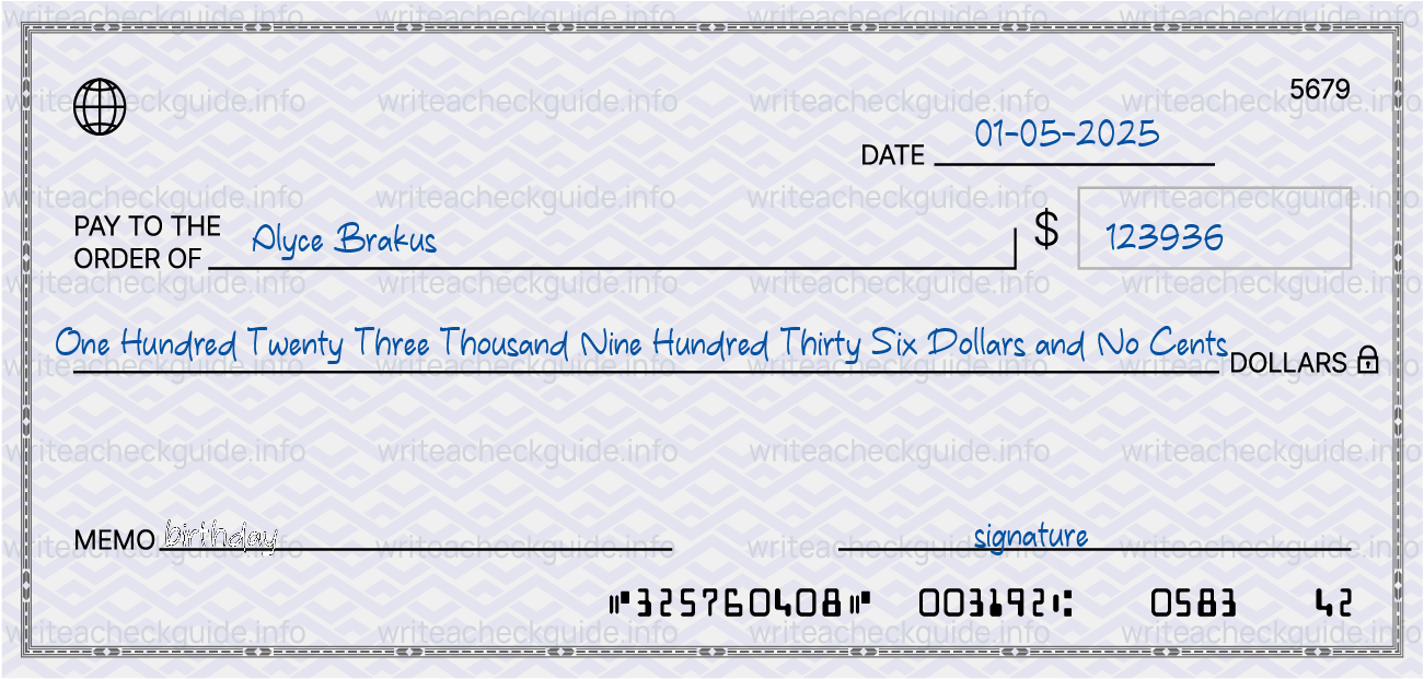 Filled check for 123936 dollars payable to Alyce Brakus on 01-05-2025