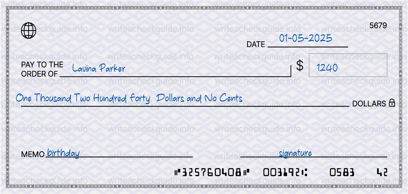 Filled check for 1240 dollars payable to Lavina Parker on 01-05-2025