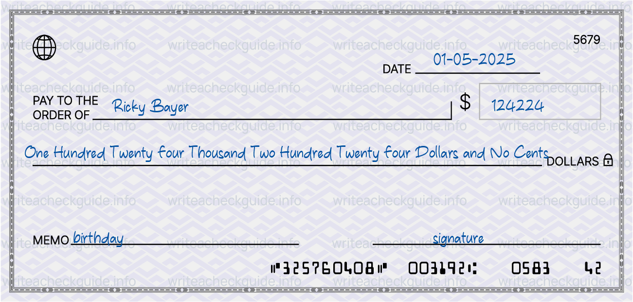 Filled check for 124224 dollars payable to Ricky Bayer on 01-05-2025