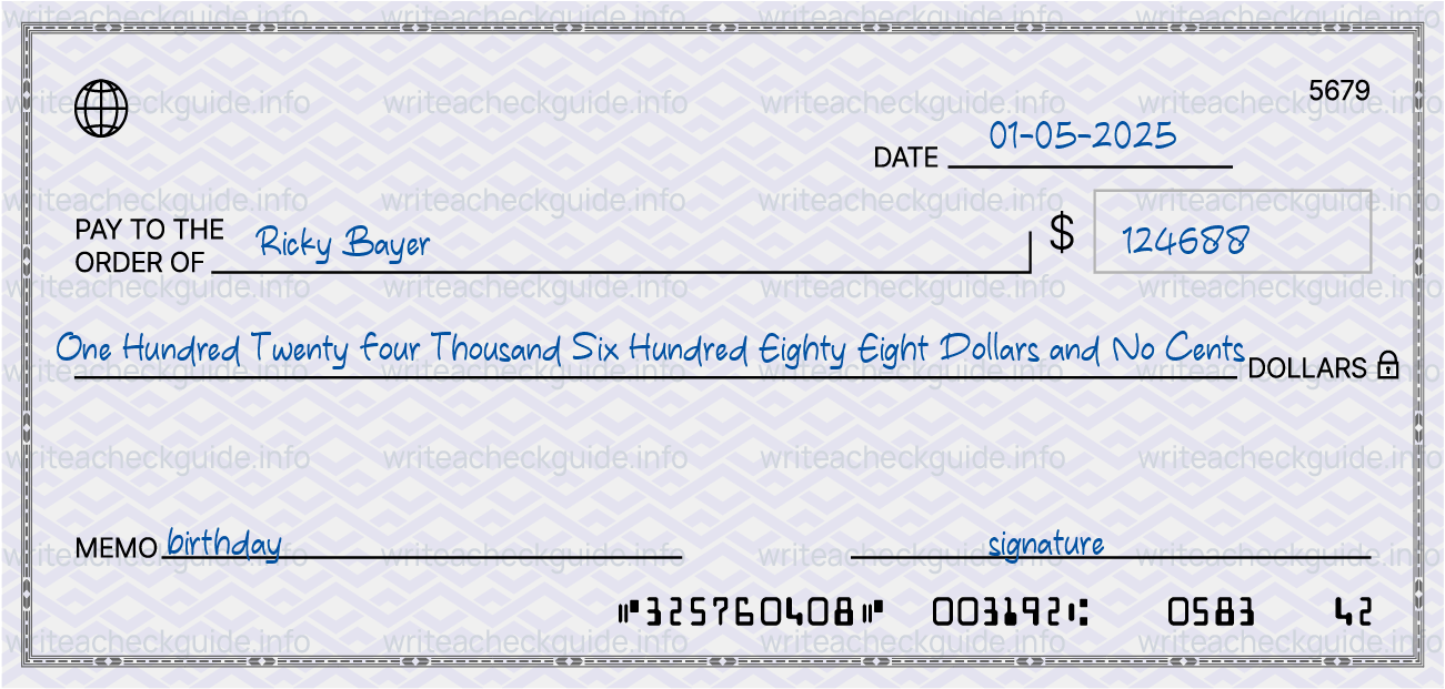 Filled check for 124688 dollars payable to Ricky Bayer on 01-05-2025