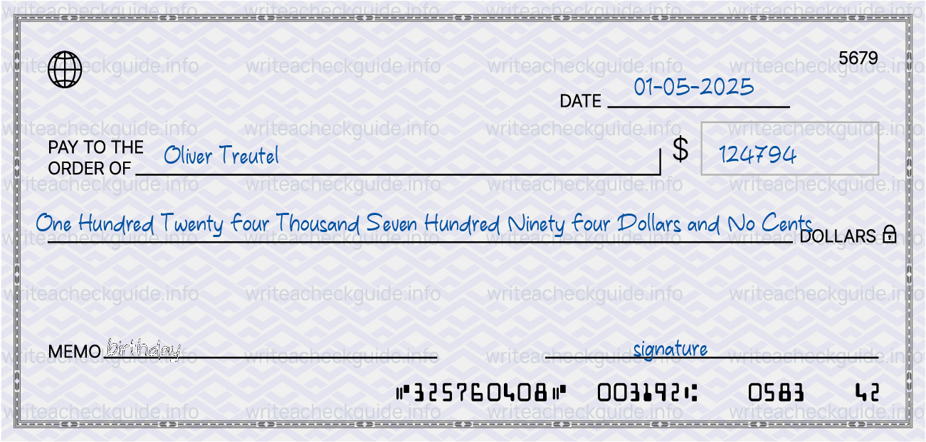 Filled check for 124794 dollars payable to Oliver Treutel on 01-05-2025