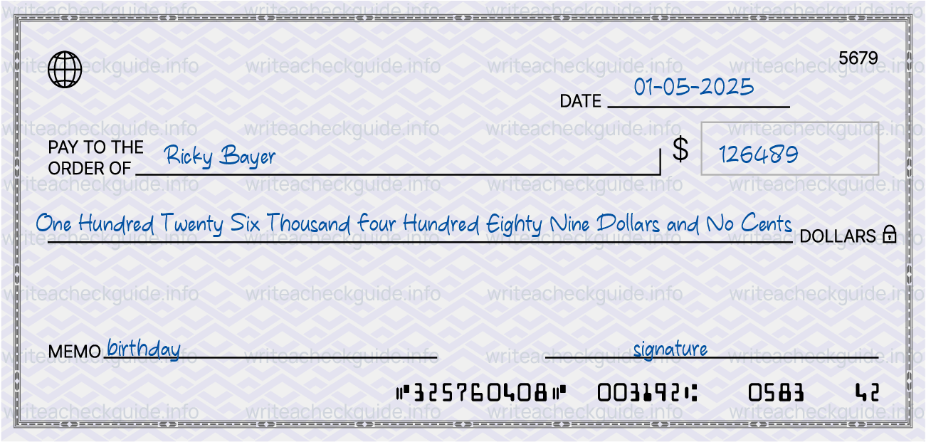 Filled check for 126489 dollars payable to Ricky Bayer on 01-05-2025