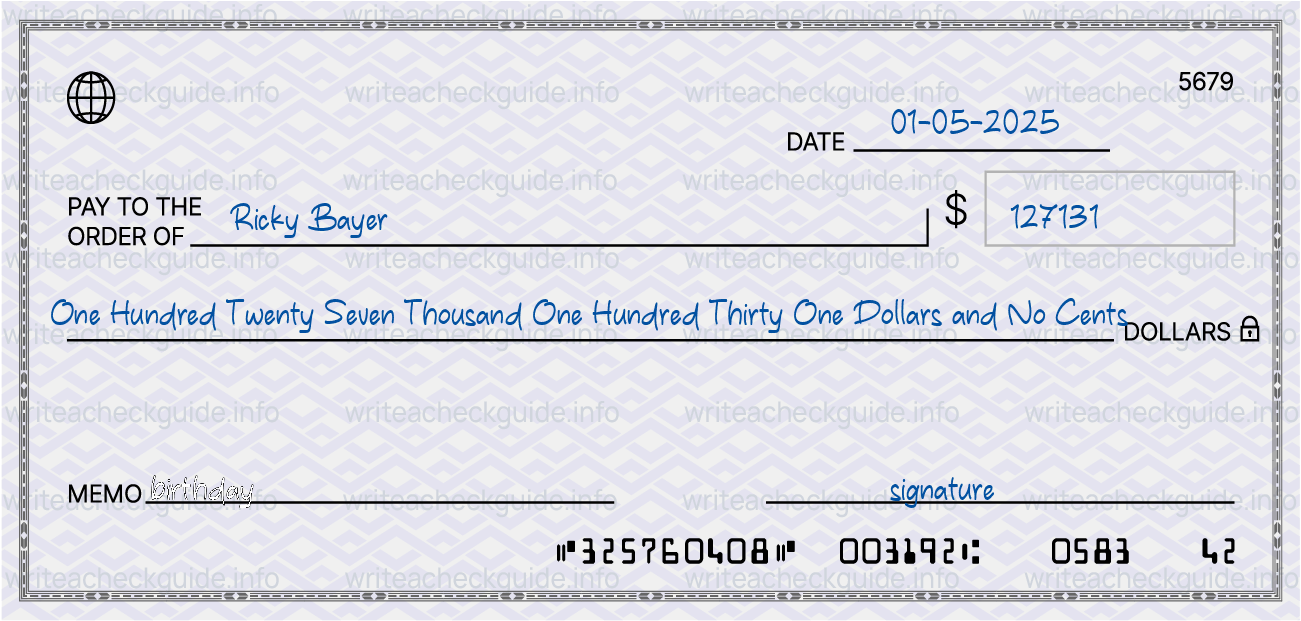 Filled check for 127131 dollars payable to Ricky Bayer on 01-05-2025