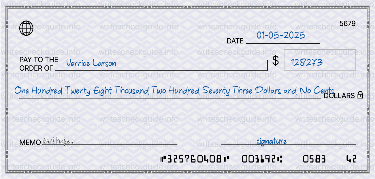 Filled check for 128273 dollars payable to Vernice Larson on 01-05-2025