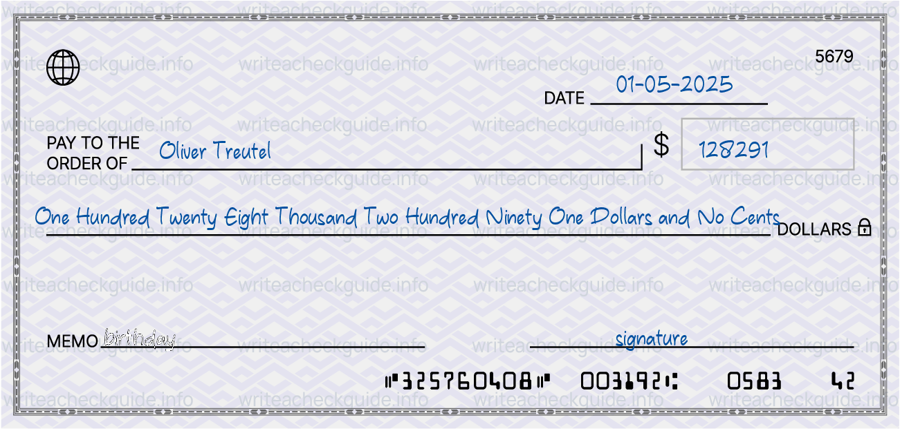 Filled check for 128291 dollars payable to Oliver Treutel on 01-05-2025