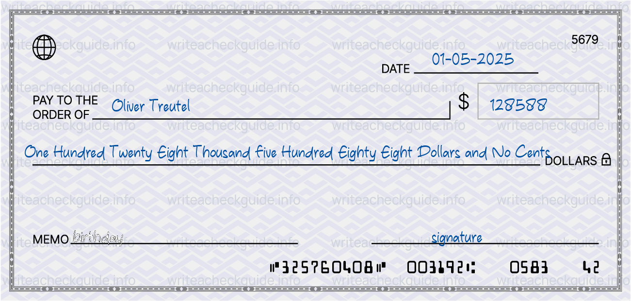 Filled check for 128588 dollars payable to Oliver Treutel on 01-05-2025