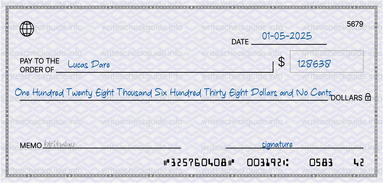 Filled check for 128638 dollars payable to Lucas Dare on 01-05-2025