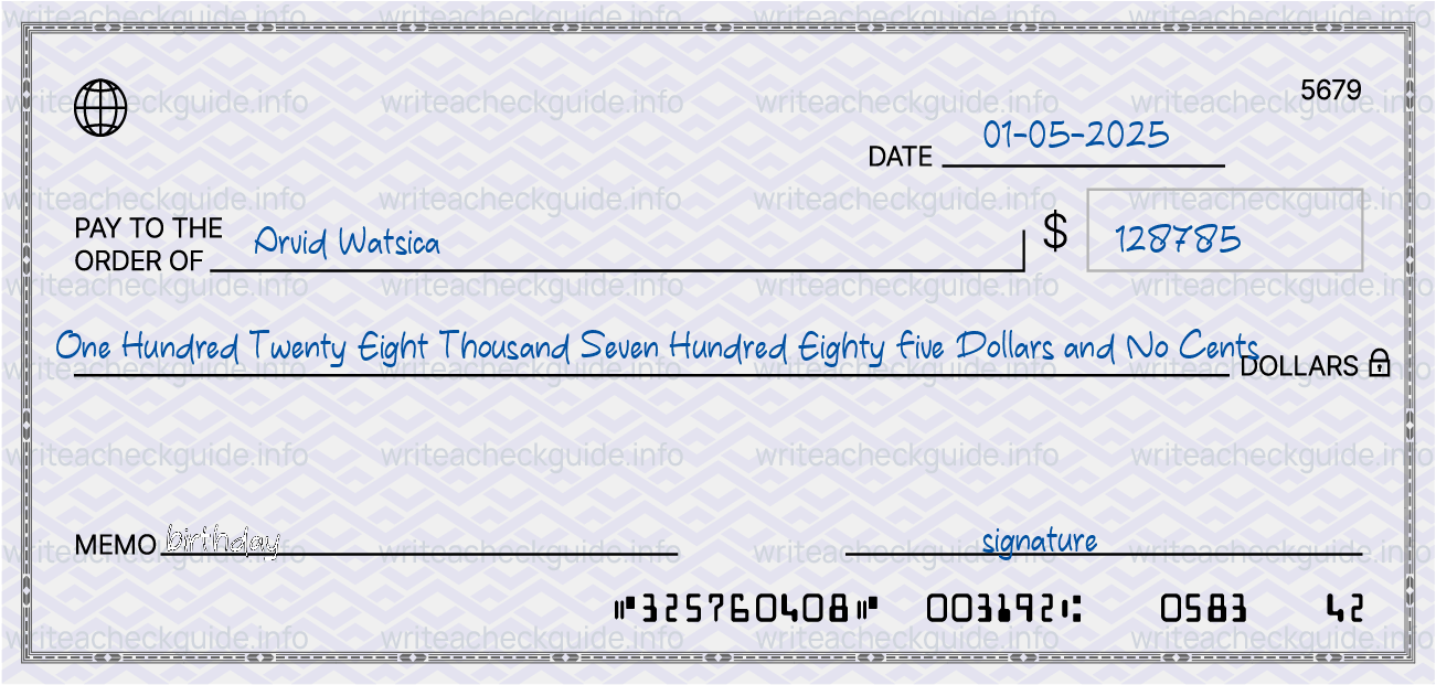 Filled check for 128785 dollars payable to Arvid Watsica on 01-05-2025