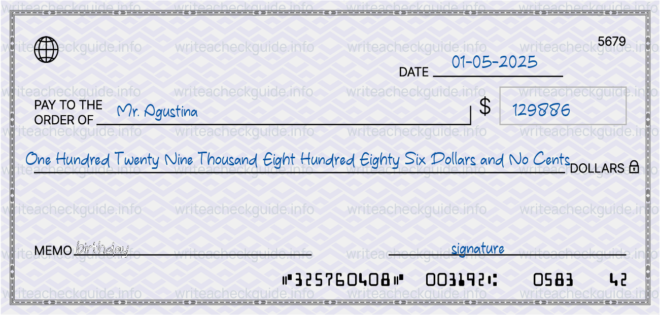 Filled check for 129886 dollars payable to Mr. Agustina on 01-05-2025