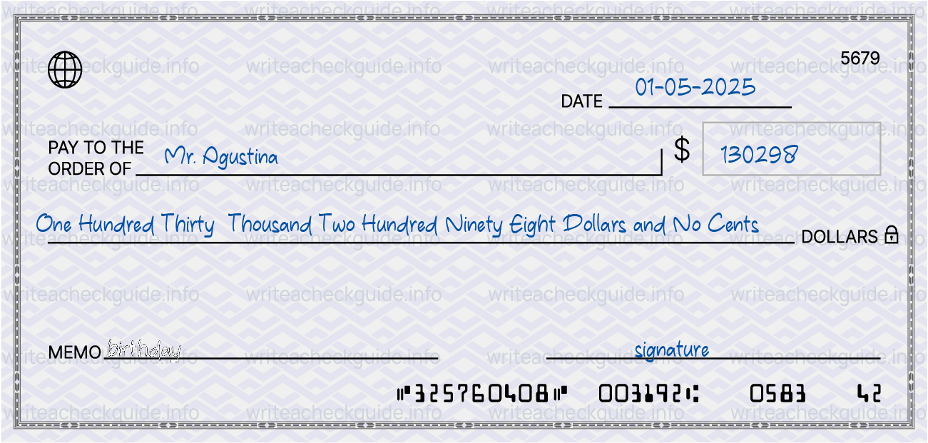 Filled check for 130298 dollars payable to Mr. Agustina on 01-05-2025