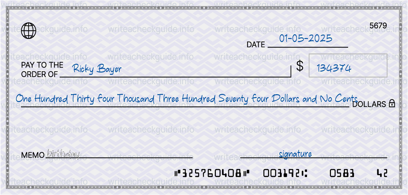 Filled check for 134374 dollars payable to Ricky Bayer on 01-05-2025