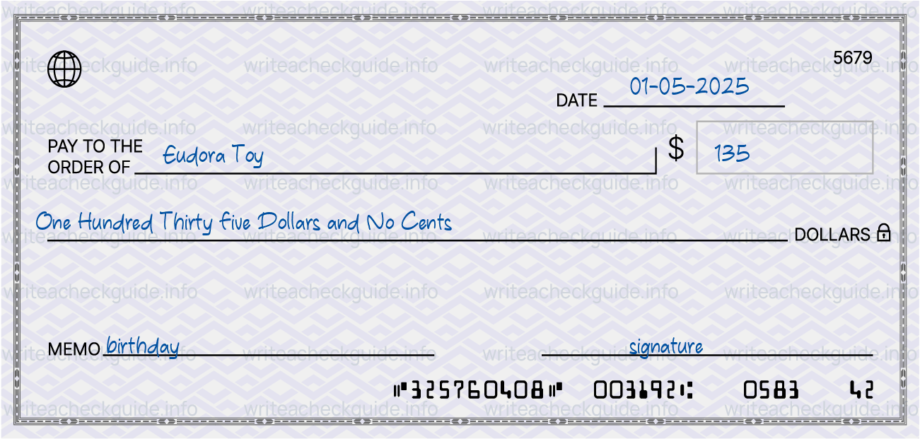 Filled check for 135 dollars payable to Eudora Toy on 01-05-2025