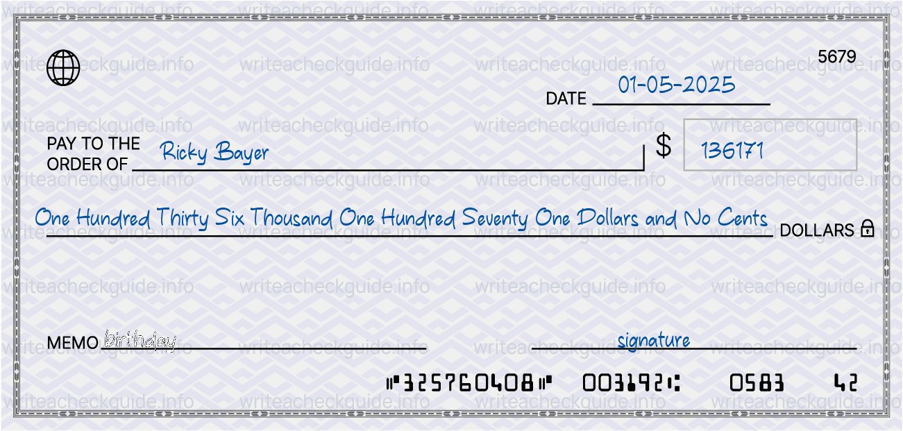 Filled check for 136171 dollars payable to Ricky Bayer on 01-05-2025