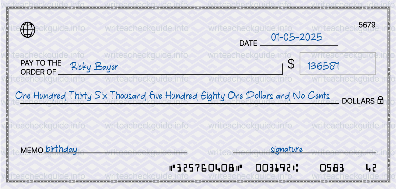 Filled check for 136581 dollars payable to Ricky Bayer on 01-05-2025