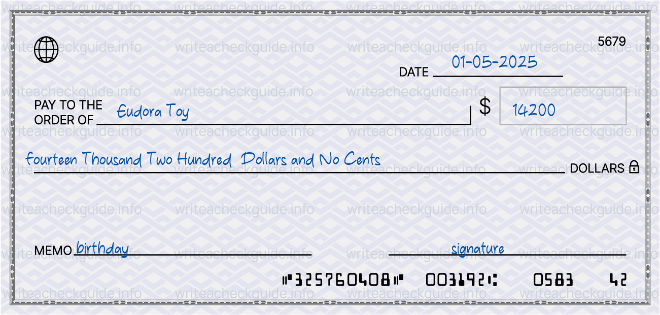 Filled check for 14200 dollars payable to Eudora Toy on 01-05-2025