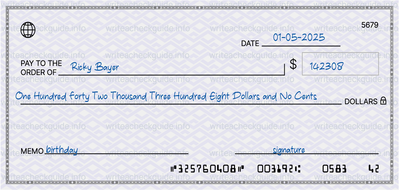 Filled check for 142308 dollars payable to Ricky Bayer on 01-05-2025