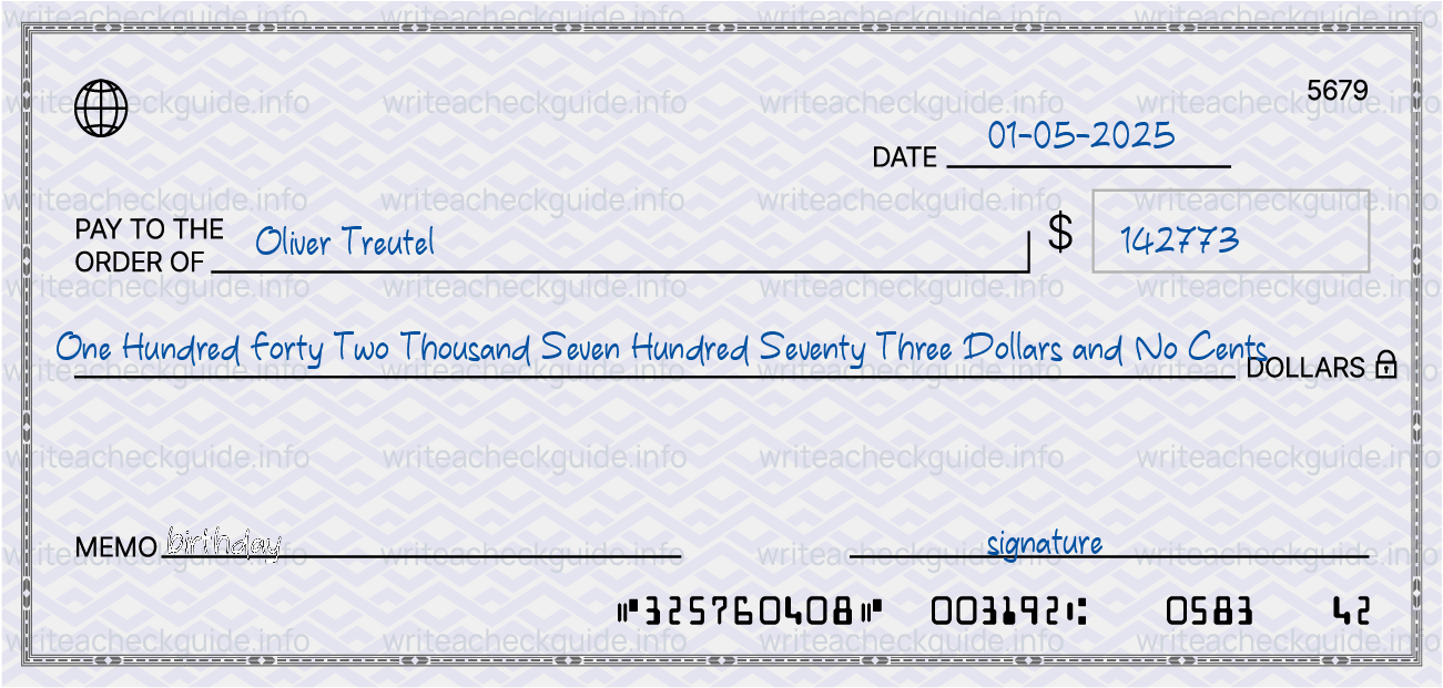 Filled check for 142773 dollars payable to Oliver Treutel on 01-05-2025