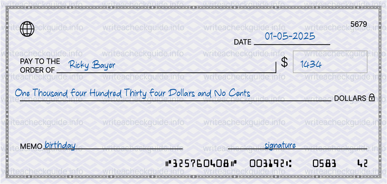 Filled check for 1434 dollars payable to Ricky Bayer on 01-05-2025