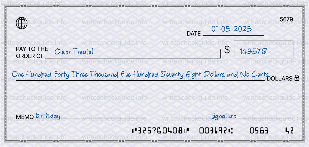 Filled check for 143578 dollars payable to Oliver Treutel on 01-05-2025