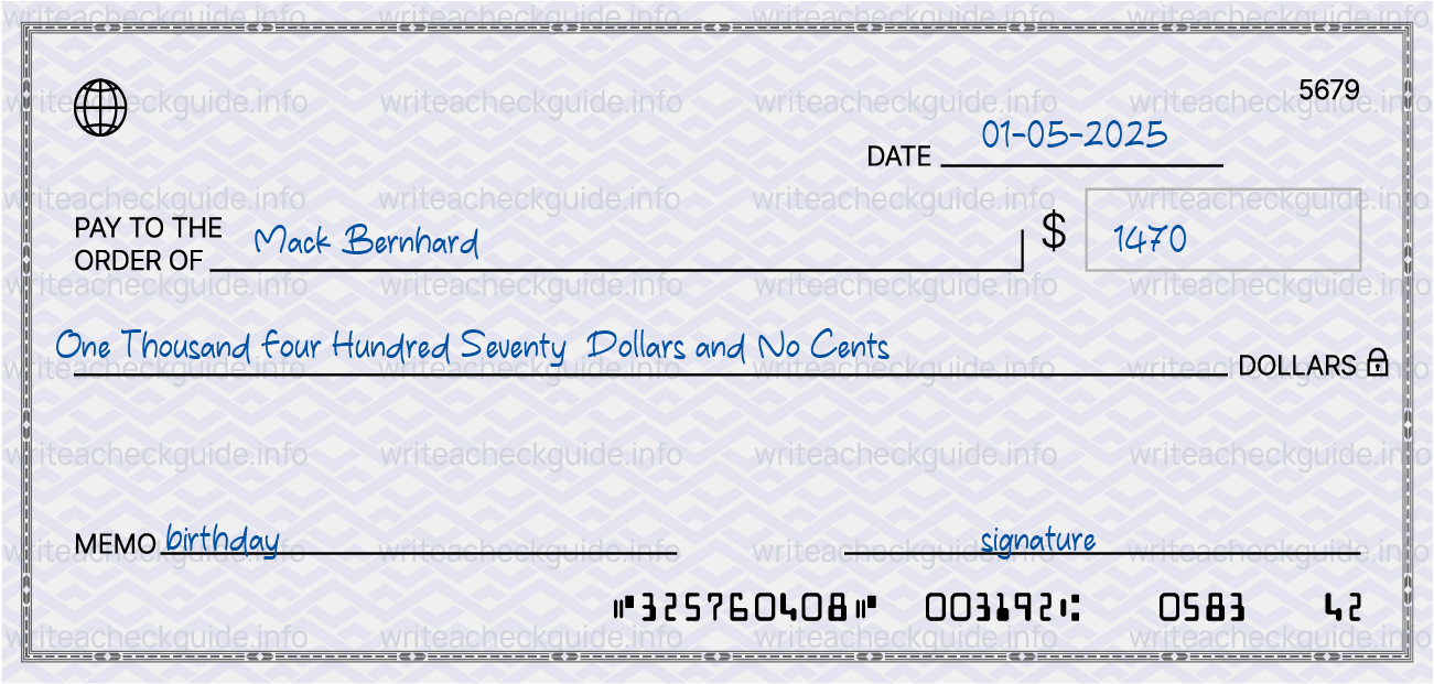 Filled check for 1470 dollars payable to Mack Bernhard on 01-05-2025