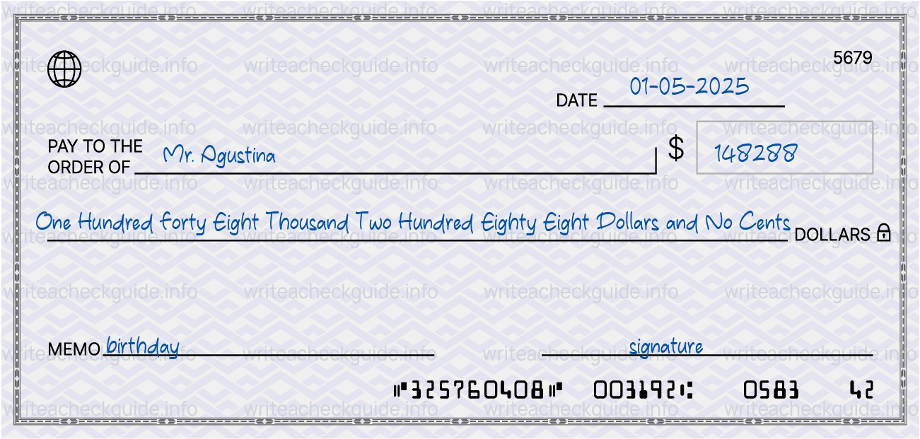 Filled check for 148288 dollars payable to Mr. Agustina on 01-05-2025