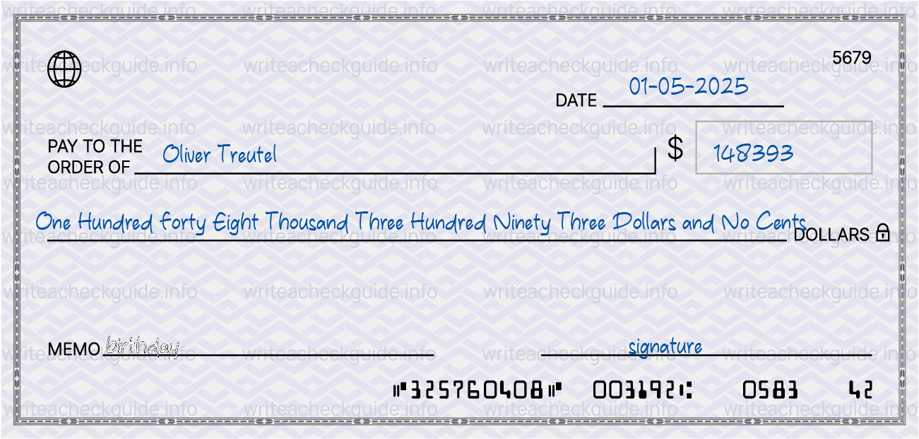 Filled check for 148393 dollars payable to Oliver Treutel on 01-05-2025