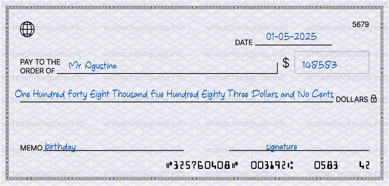 Filled check for 148583 dollars payable to Mr. Agustina on 01-05-2025