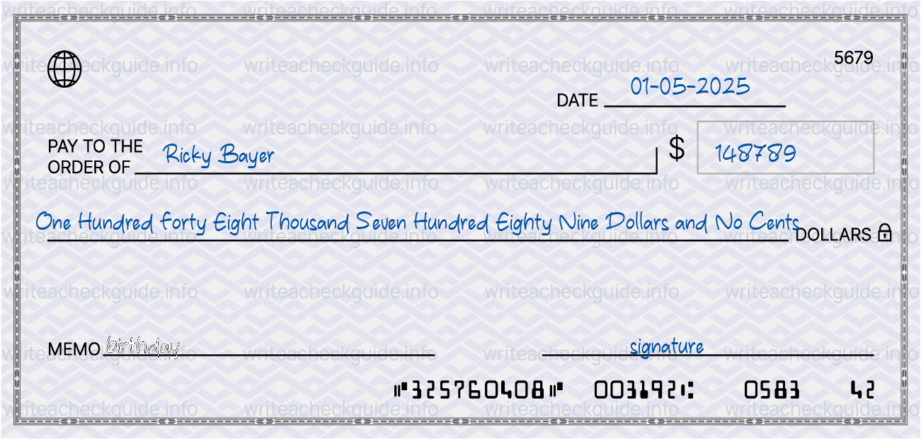 Filled check for 148789 dollars payable to Ricky Bayer on 01-05-2025