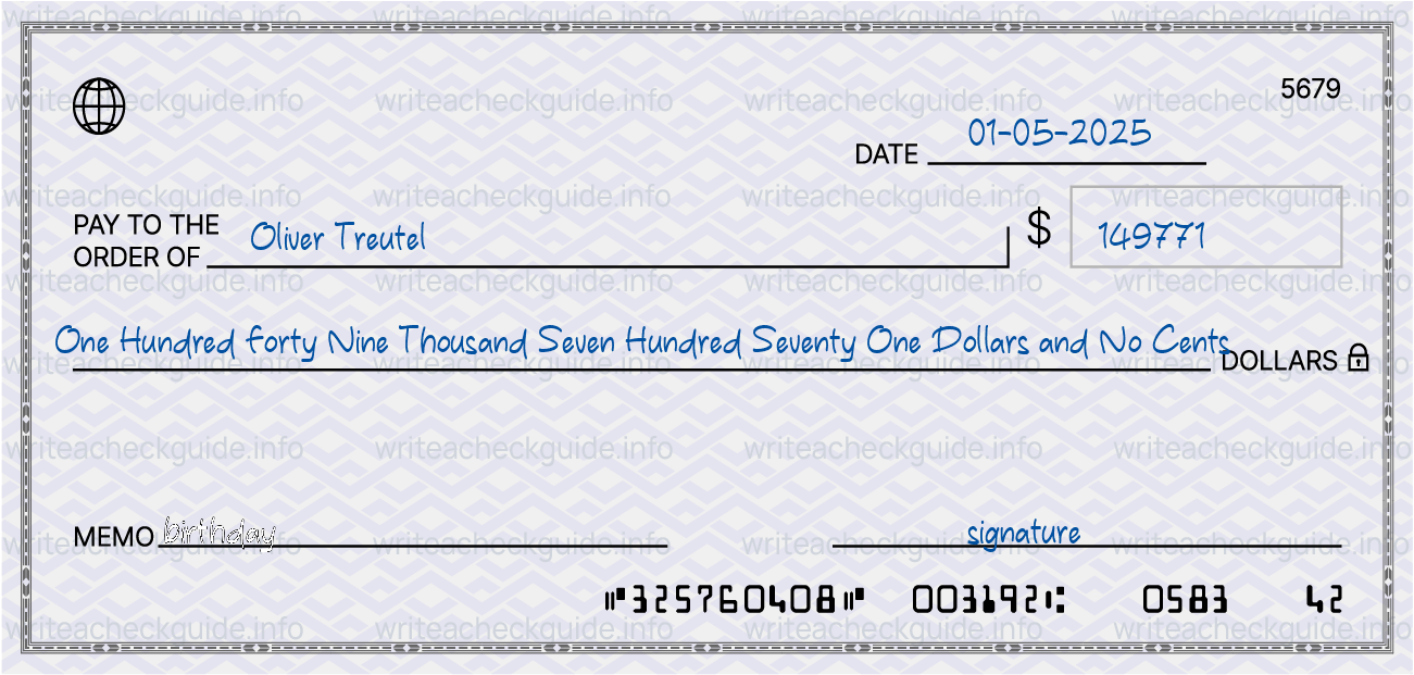 Filled check for 149771 dollars payable to Oliver Treutel on 01-05-2025