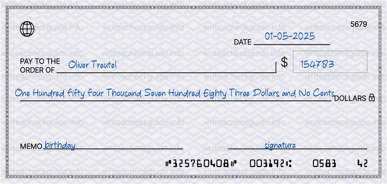 Filled check for 154783 dollars payable to Oliver Treutel on 01-05-2025