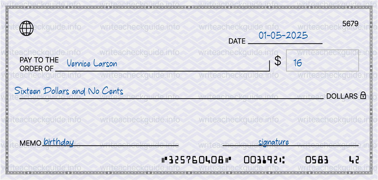 Filled check for 16 dollars payable to Vernice Larson on 01-05-2025