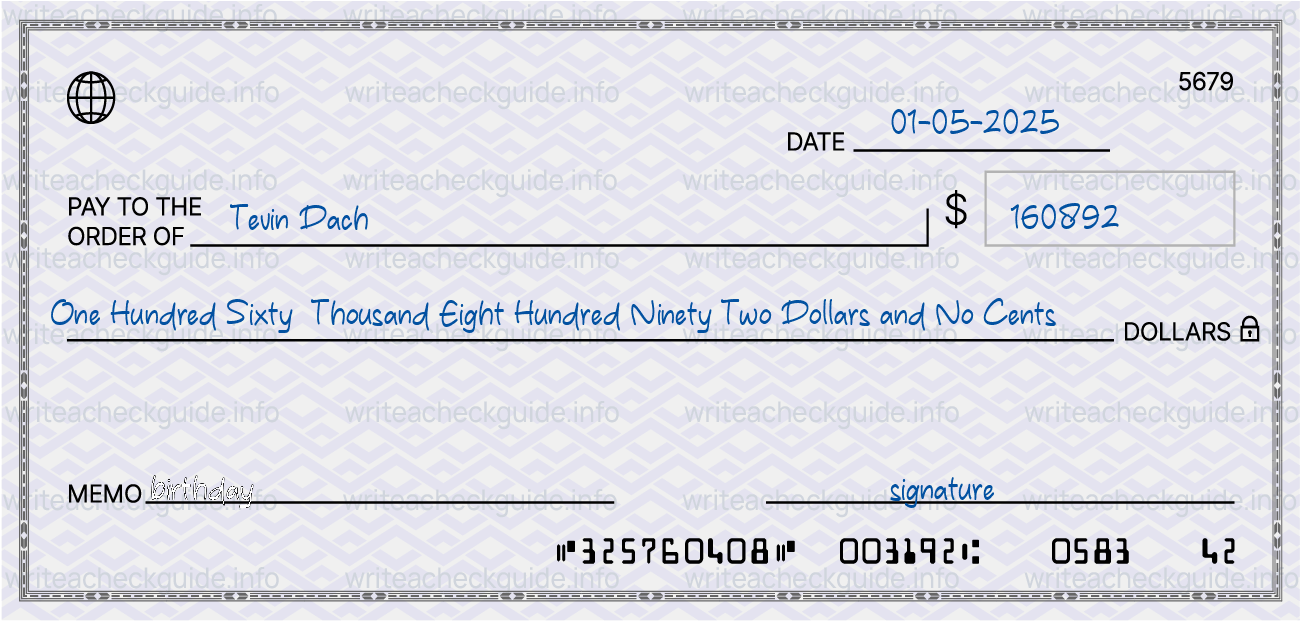 Filled check for 160892 dollars payable to Tevin Dach on 01-05-2025