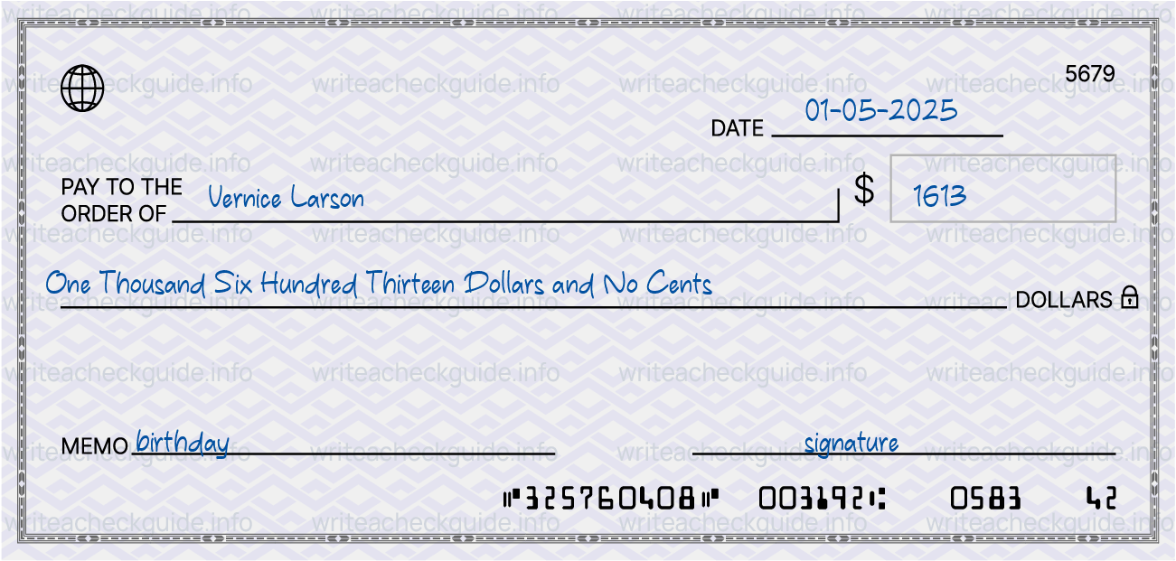 Filled check for 1613 dollars payable to Vernice Larson on 01-05-2025