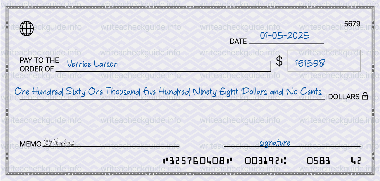 Filled check for 161598 dollars payable to Vernice Larson on 01-05-2025