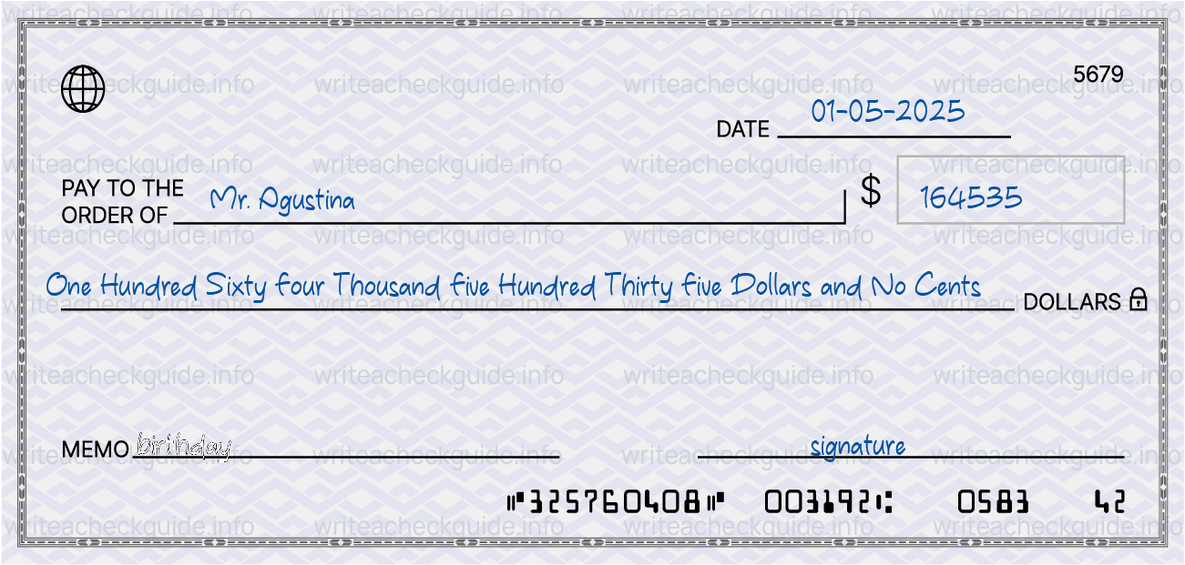 Filled check for 164535 dollars payable to Mr. Agustina on 01-05-2025