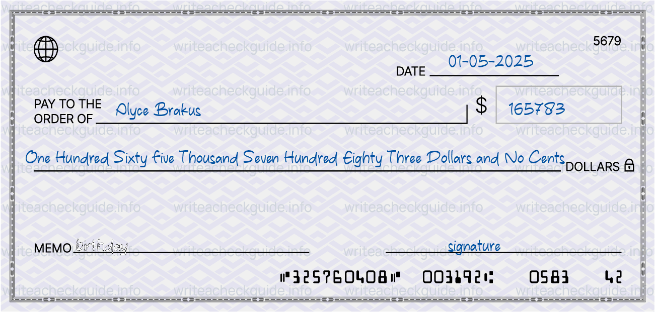 Filled check for 165783 dollars payable to Alyce Brakus on 01-05-2025