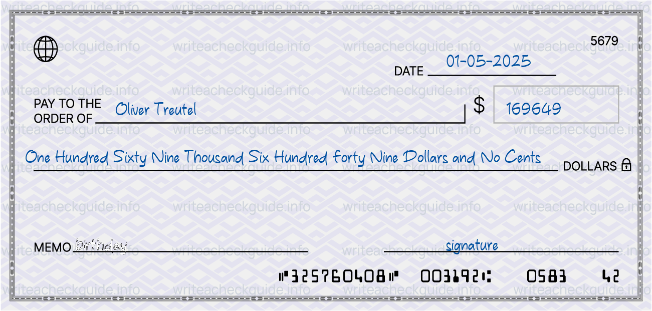 Filled check for 169649 dollars payable to Oliver Treutel on 01-05-2025