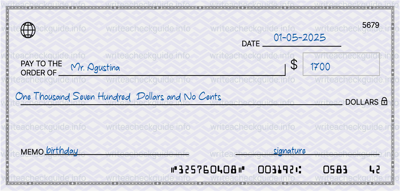 Filled check for 1700 dollars payable to Mr. Agustina on 01-05-2025