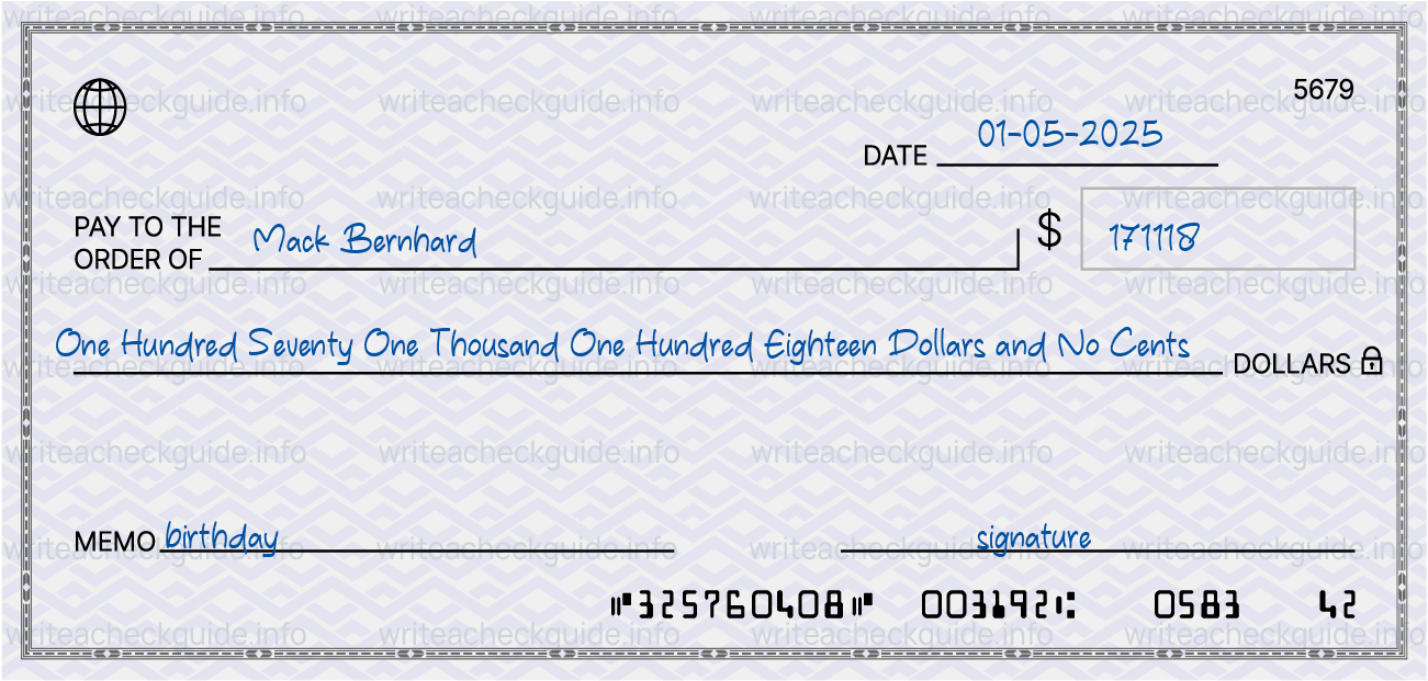 Filled check for 171118 dollars payable to Mack Bernhard on 01-05-2025